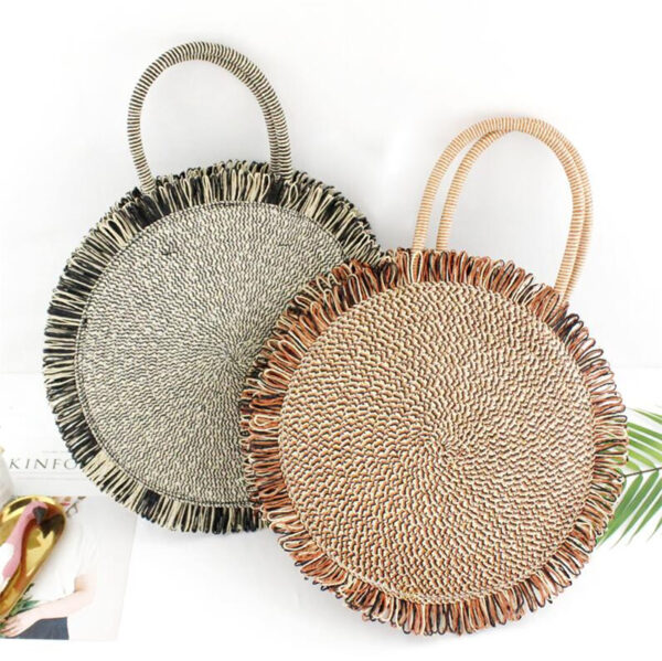 Round Portable Two-Color Fringed Straw Bag