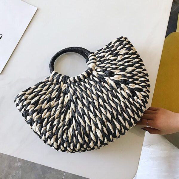 New Straw Bag Women Hand-Woven Hollow Handbag Moon Shape Rattan Bag Big Capacity Drawstring Handbag Casual Travel Beach Bag