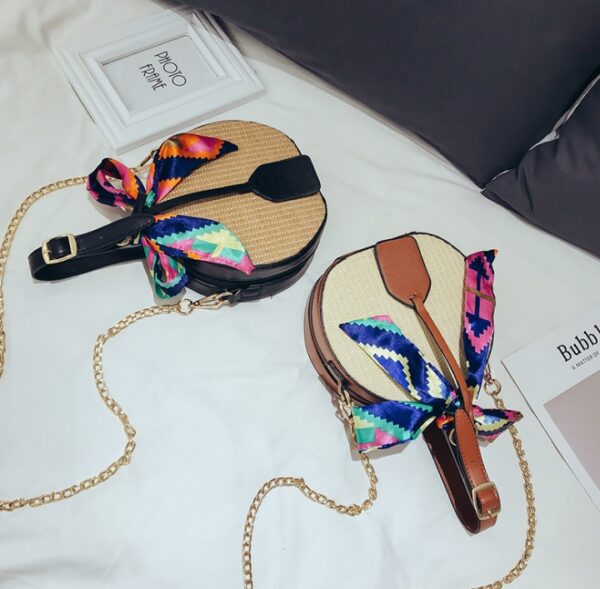 Sweet Beach Woven Series Fruit Multicolored Ribbon Decoration Chain Round Bag Female Shoulder Messenger Bag