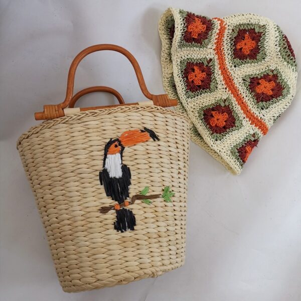 Birds Embroidered And Rope Paper Beads Wooden Decorated Straw Fabric Bag