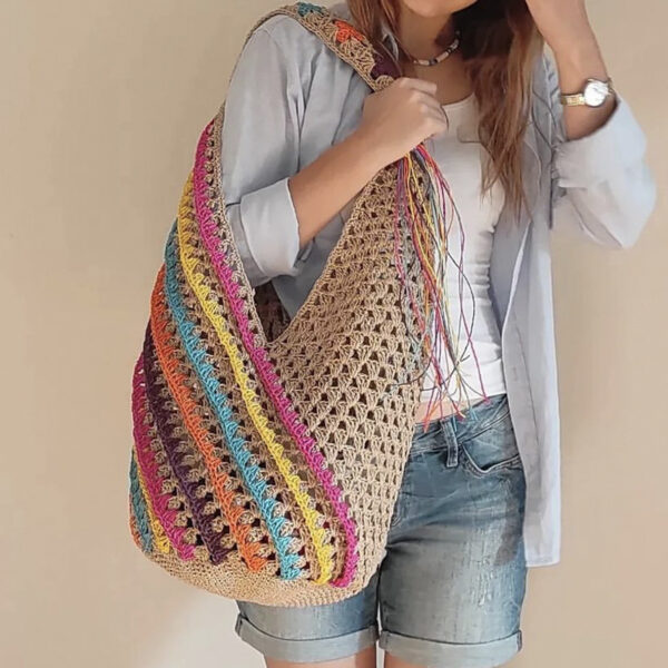 Spring And Summer Colorful Stripes Large Capacity Cotton Thread Hand-crochet Shoulder Bag