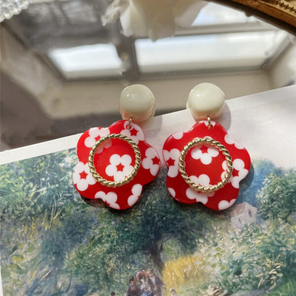 Women's Red And White Contrast Cute Print Earrings