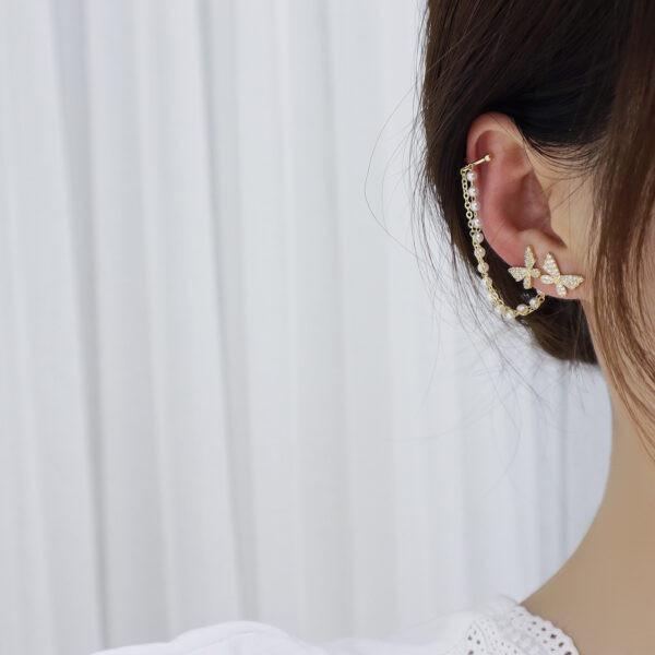 Zircon Temperament Pearl Chain Rear Hanging Type Two Ear Bone Clip Earrings