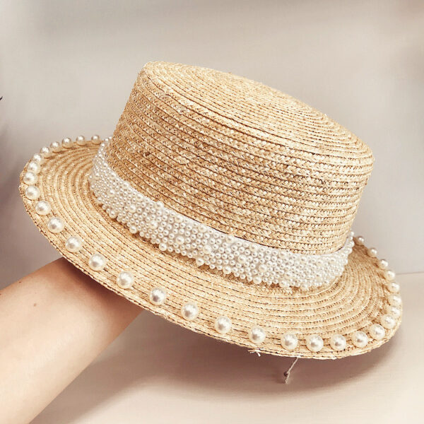 Elegant Retro Pearl Wheat Straw Flat Top Straw Hat Women's Summer Sun Protection Beach Hat Hepburn Style