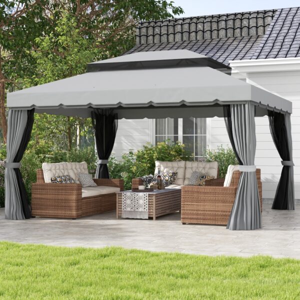 10 x 13 Patio Gazebo w/ Aluminum Frame Double Roof, Outdoor Gazebo Canopy Shelter with Netting & Curtains, Gray