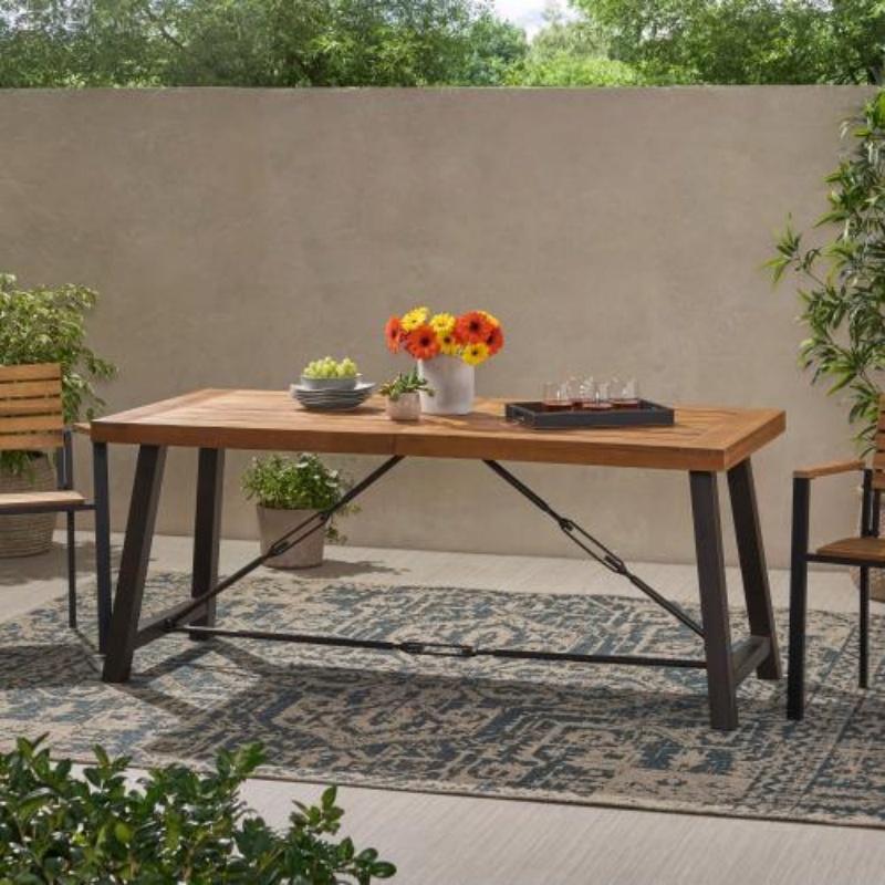 Outdoor Lovewood Metal Base Dining Table, Teak Wood - Image 2