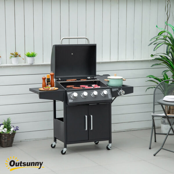 52" Barbecue Grill with Wheels 4+1 Burner Liquid Propane Gas Grill Outdoor Cabinet Style BBQ Trolley w/ Side Burner, Warming Rack