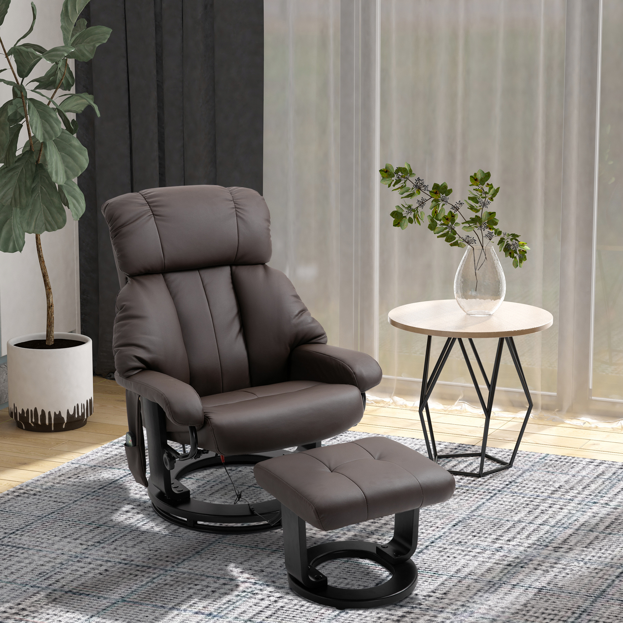 Recliner with Ottoman Footrest, Recliner Chair with Vibration Massage, Faux Leather and Swivel Wood Base for Living Room and Bedroom, Brown - Image 2