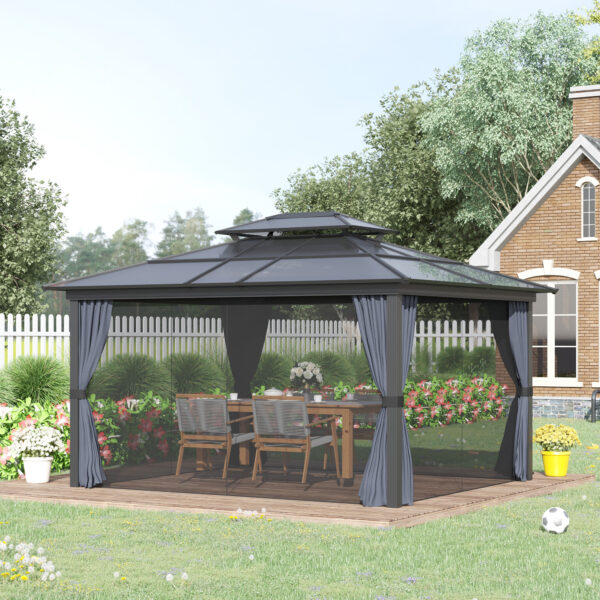 10 x 12 Hardtop Gazebo Canopy with Polycarbonate Roof, Aluminum Frame, Permanent Pavilion Outdoor Gazebo with Netting, for Patio, Garden, Backyard, Deck, Lawn, Black