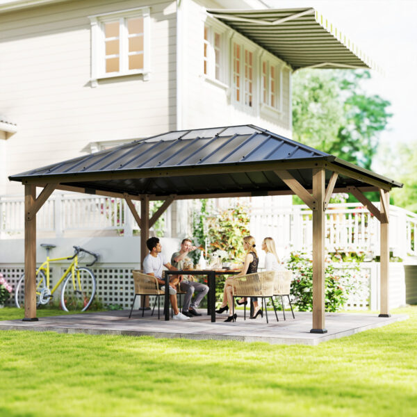 12 x 16 Hardtop Gazebo with Galvanized Steel Roof, UPF50+ Wood Permanent Pavilion with Clear Roof Top, Light Walnut