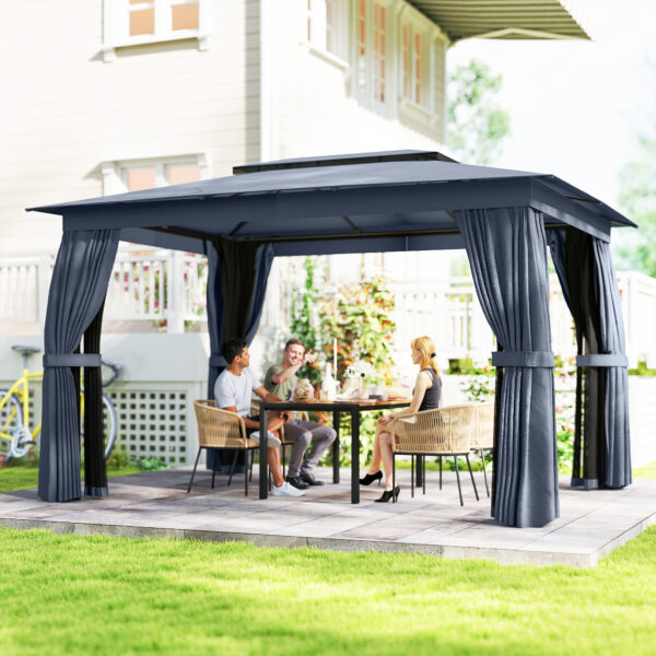 10 x 12 Outdoor Patio Gazebo, Soft Top Gazebo Canopy Shelter with Curtains, Netting, Steel Frame, Hooks, Blue