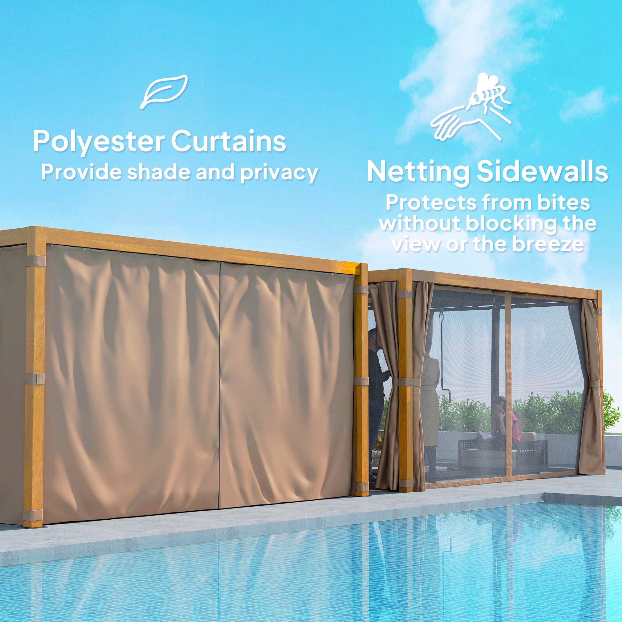 10 x 13 Outdoor Retractable Pergola w/ Sun Shade Louvered Top, Pergola w/ Canopy, Curtains, Netting, Natural Wood - Image 7