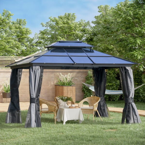10 x 12 Hardtop Gazebo Canopy with Polycarbonate Roof, Aluminum Frame, Permanent Pavilion Outdoor Gazebo with Netting, for Patio, Garden, Backyard, Deck, Lawn, Light Gray