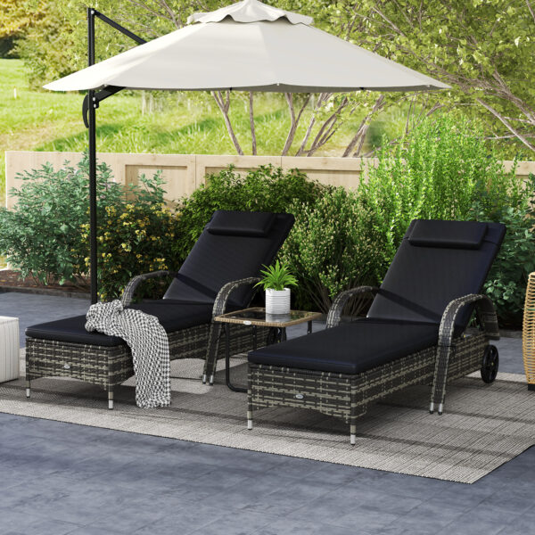 2 Reclining Chaise Lounge Chairs, Rolling Outdoor Chairs with Cushion, Pillow, Headrest, Armrests, and Wheels, Black