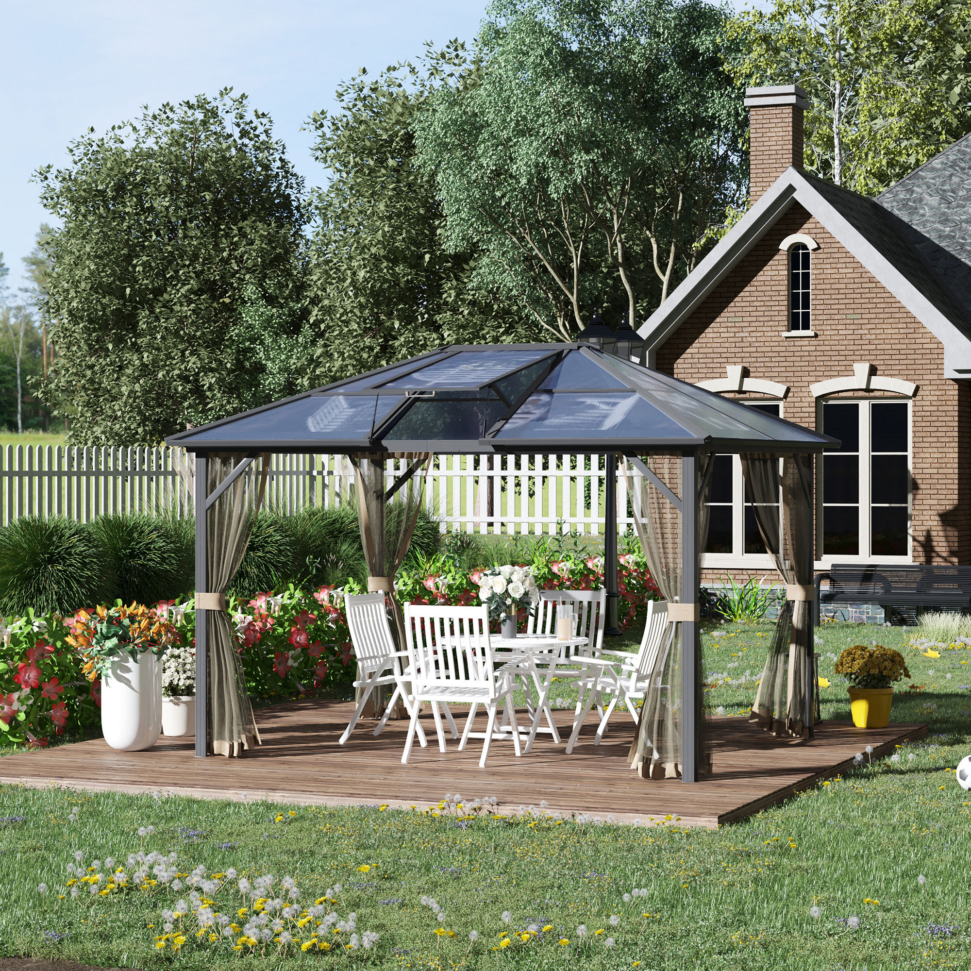 10 x 12 Hardtop Gazebo Canopy with Polycarbonate Roof, Aluminum Frame, Permanent Pavilion Outdoor Gazebo with Netting, for Patio, Garden, Backyard, Deck, Lawn, Gray, Brown - Image 3
