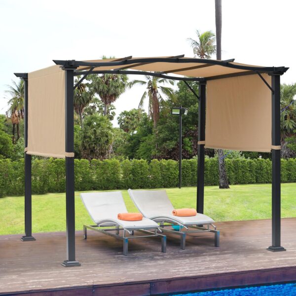 8 x 10 Retractable Pergola Canopy Steel Frame Polyester Fabric Gazebo with Top Cover, Retractable Canopy Shade Awning
