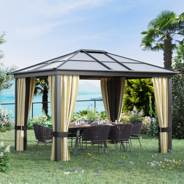 10 x 12 Hardtop Gazebo Canopy with Polycarbonate Roof, Aluminum Frame, Permanent Pavilion Outdoor Gazebo with Netting, for Patio, Garden, Backyard, Deck, Lawn, Black, Beige
