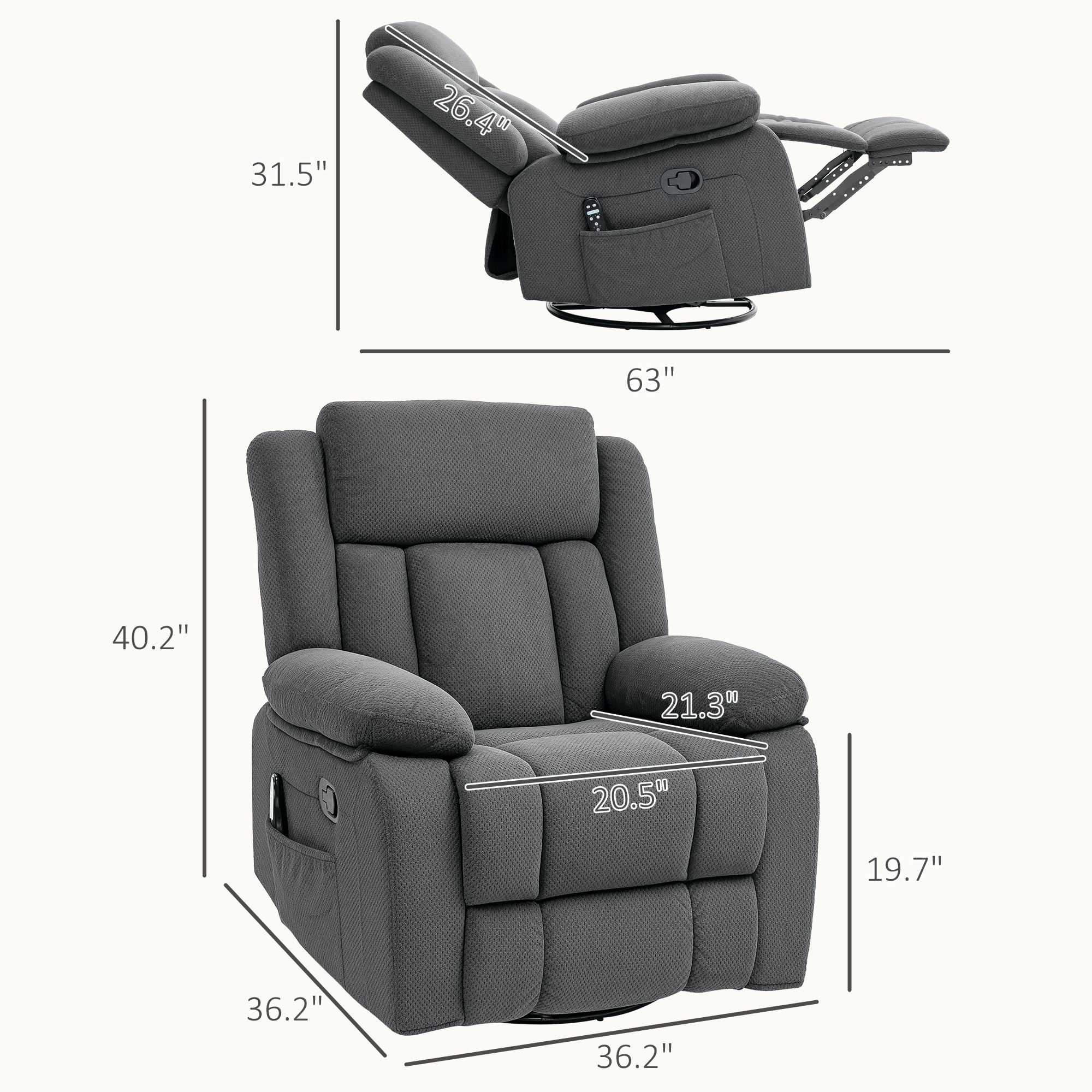 Recliner Massage Armchair with Heat, Oversized Swivel Rocker with Footrest, Remote and Side Pockets, Gray - Image 8