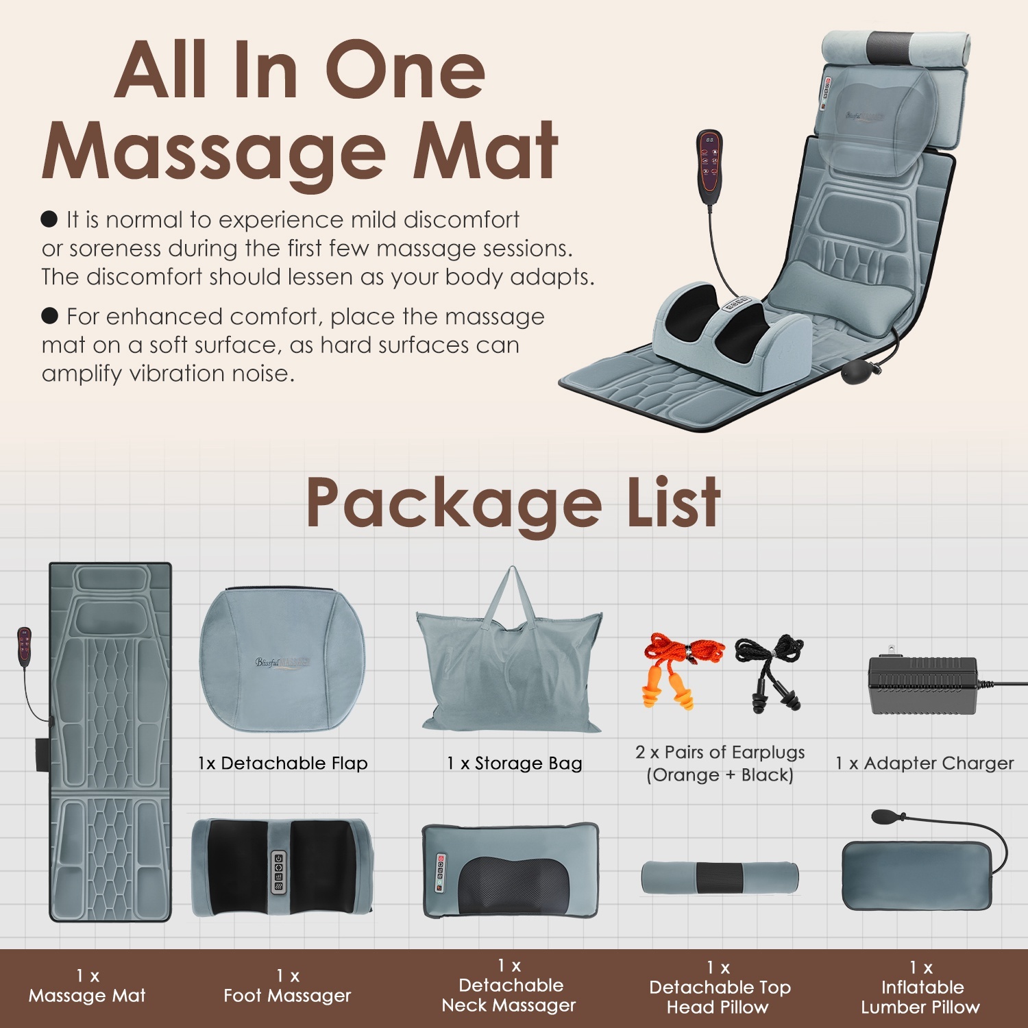 Flannel Full Body Massage Mat Multifunctional Massage Chair Pad With Heat Timer Shiatsu Neck Foot Massager Lumbar Pillow Carry Bag Earplugs Anti-Slip Bottom For Reclining Chair - Image 7
