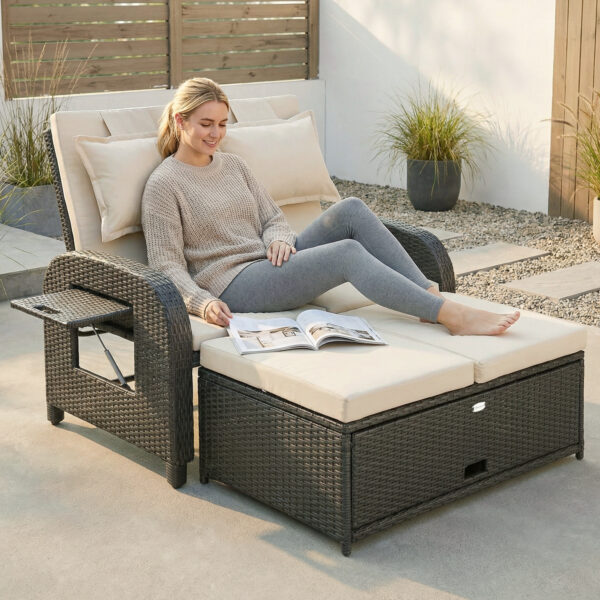 Patio Rattan Daybed, Wicker Outdoor Daybed with Storage Ottoman, Loveseat w/ Adjustable Backrest, Beige