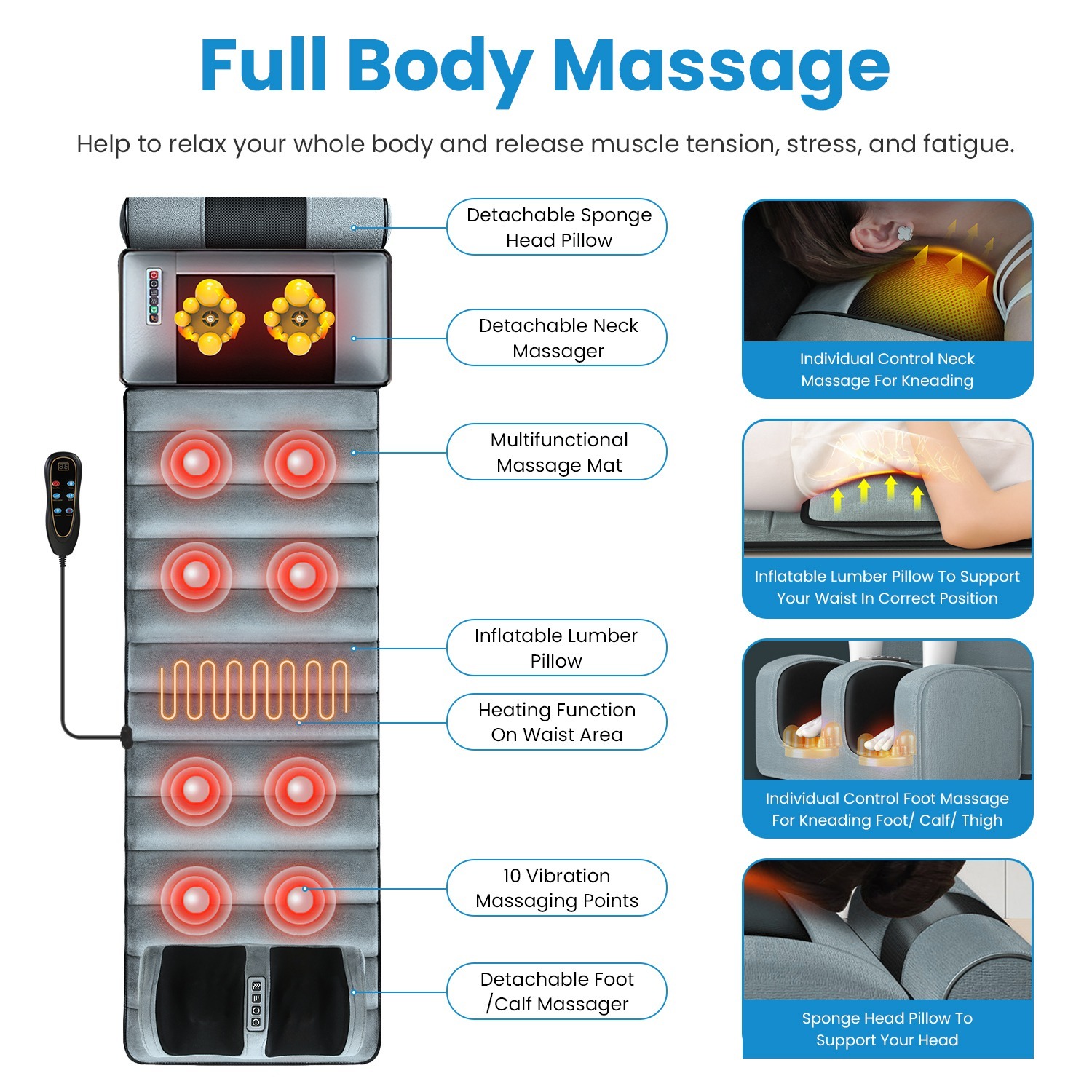 Advanced Version 1 Set Full Body Electric Massage Mat With Neck Foot Massage Head Pillow And Cloth Lumbar Pillow Timer Anti-Slip Bottom Earplugs - Image 7