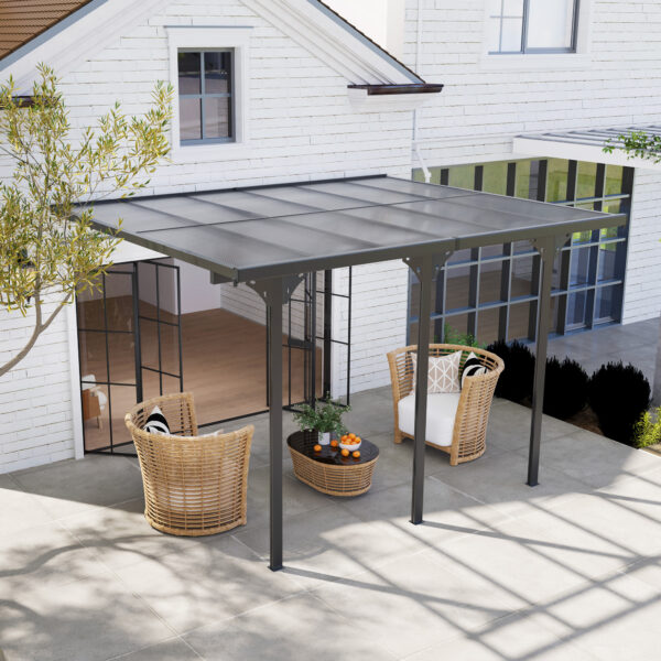 12 x 10 Outdoor Polycarbonate Pergola, Transparent UV Blocking Awning, Hardtop Deck Gazebo, Aluminum, Gray