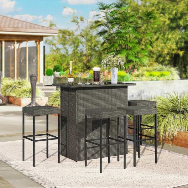 5 Piece Rattan Wicker Bar Set, High Top Outdoor Table and Chairs, Bar Height Patio Set, 2 Shelves & 4 Bar Stools, Gray