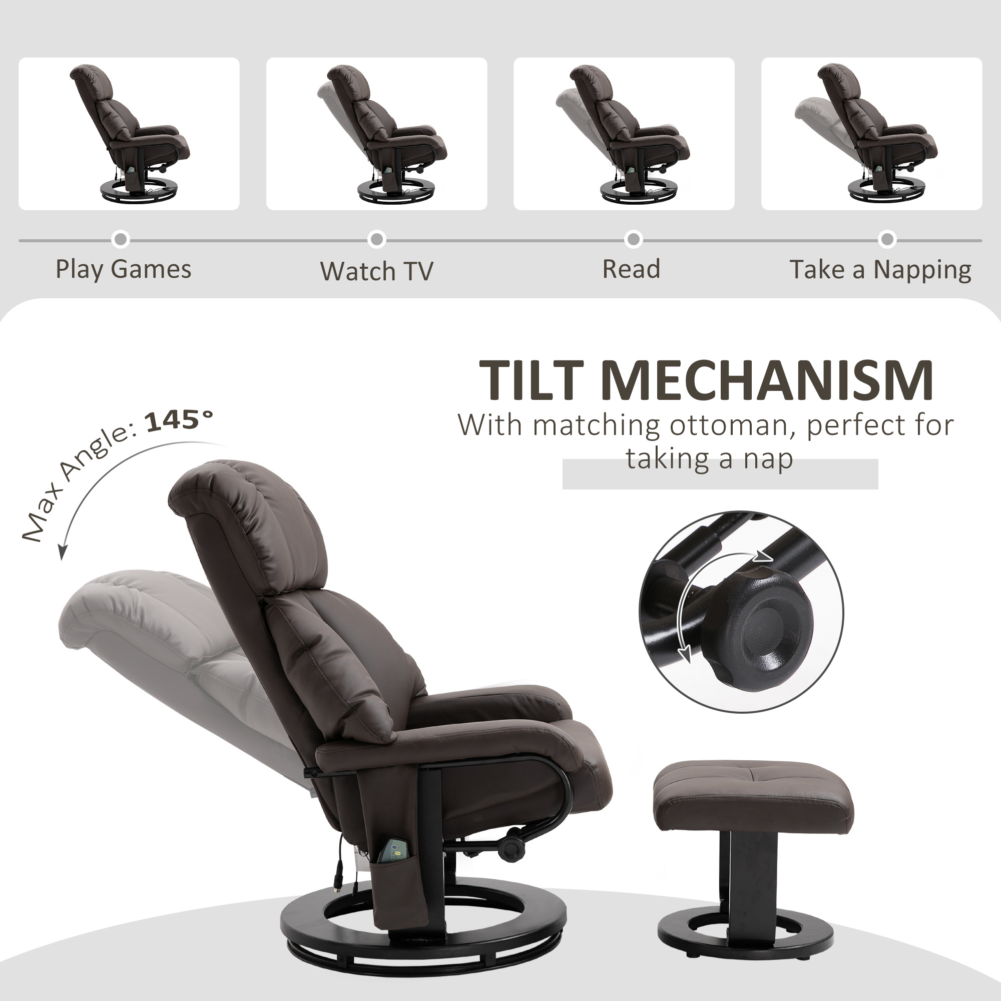 Recliner with Ottoman Footrest, Recliner Chair with Vibration Massage, Faux Leather and Swivel Wood Base for Living Room and Bedroom, Brown - Image 3