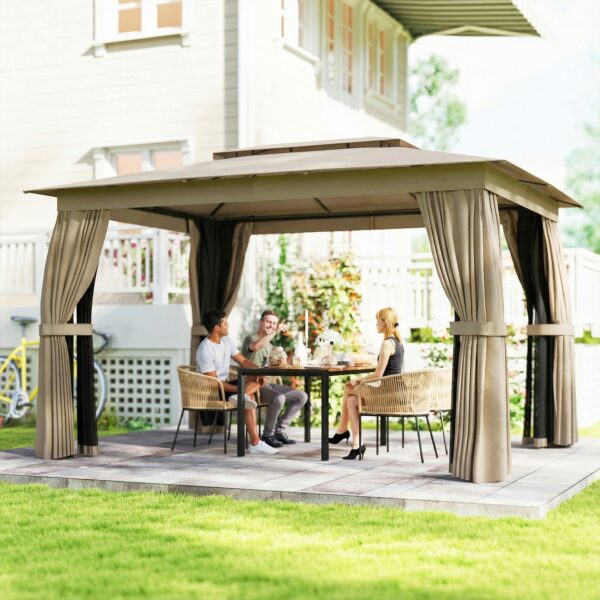 10 x 12 Outdoor Patio Gazebo, Soft Top Gazebo Canopy Shelter with Curtains, Netting, Steel Frame, Hooks, Khaki