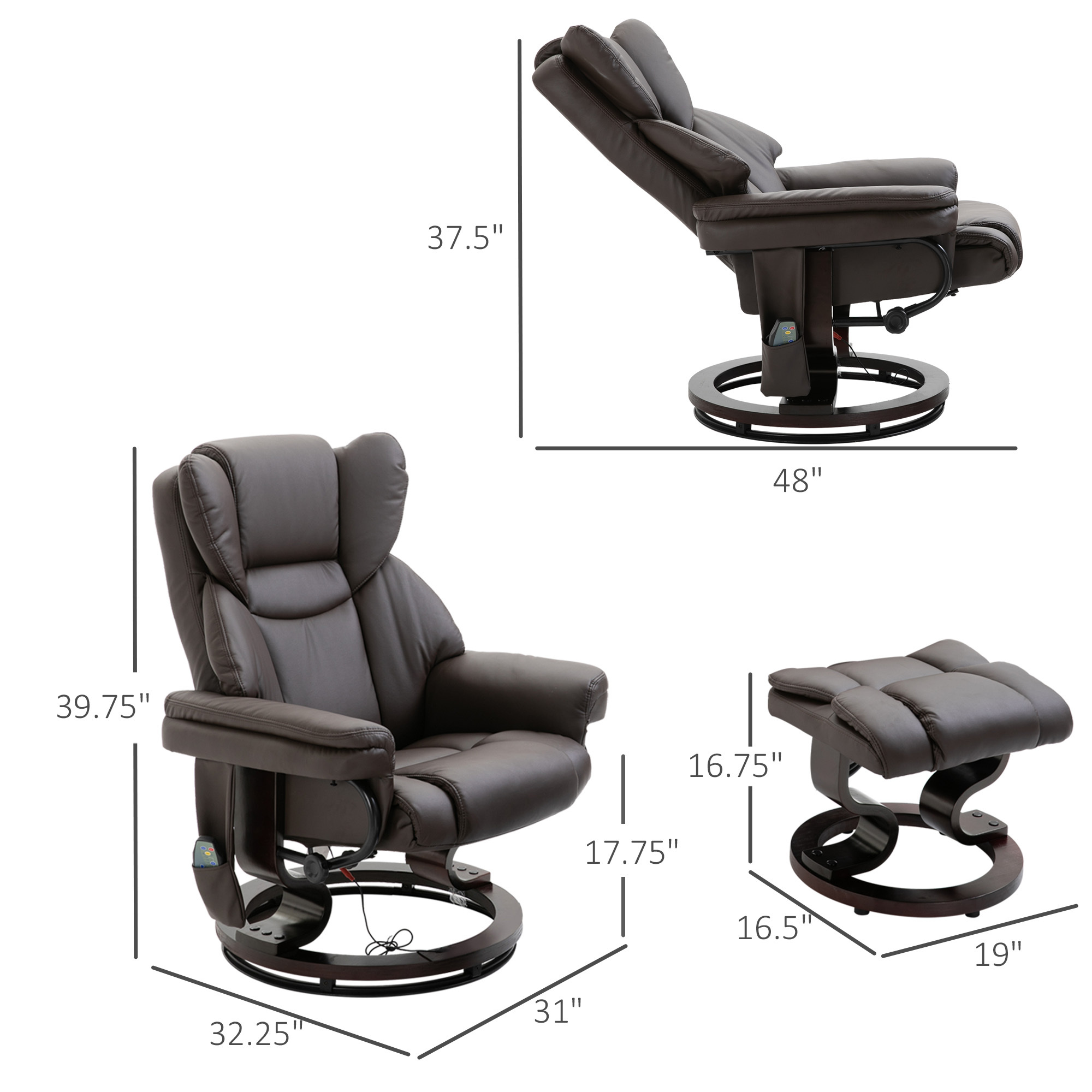 Massage Sofa Recliner Chair w/ Footrest, 10 Vibration Point, Faux PU Leather, Brown - Image 3