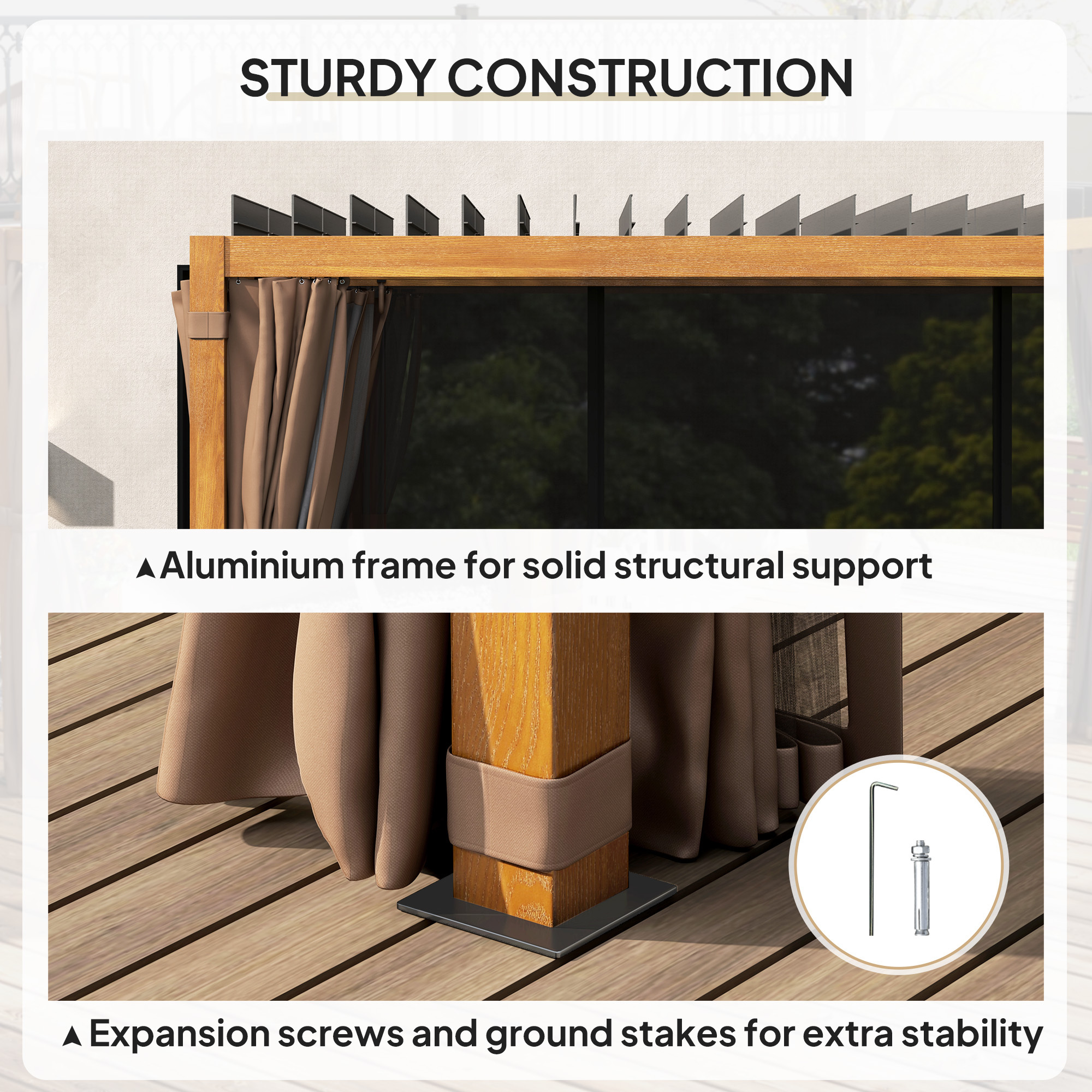 10 x 13 Outdoor Retractable Pergola w/ Sun Shade Louvered Top, Pergola w/ Canopy, Curtains, Netting, Natural Wood - Image 8