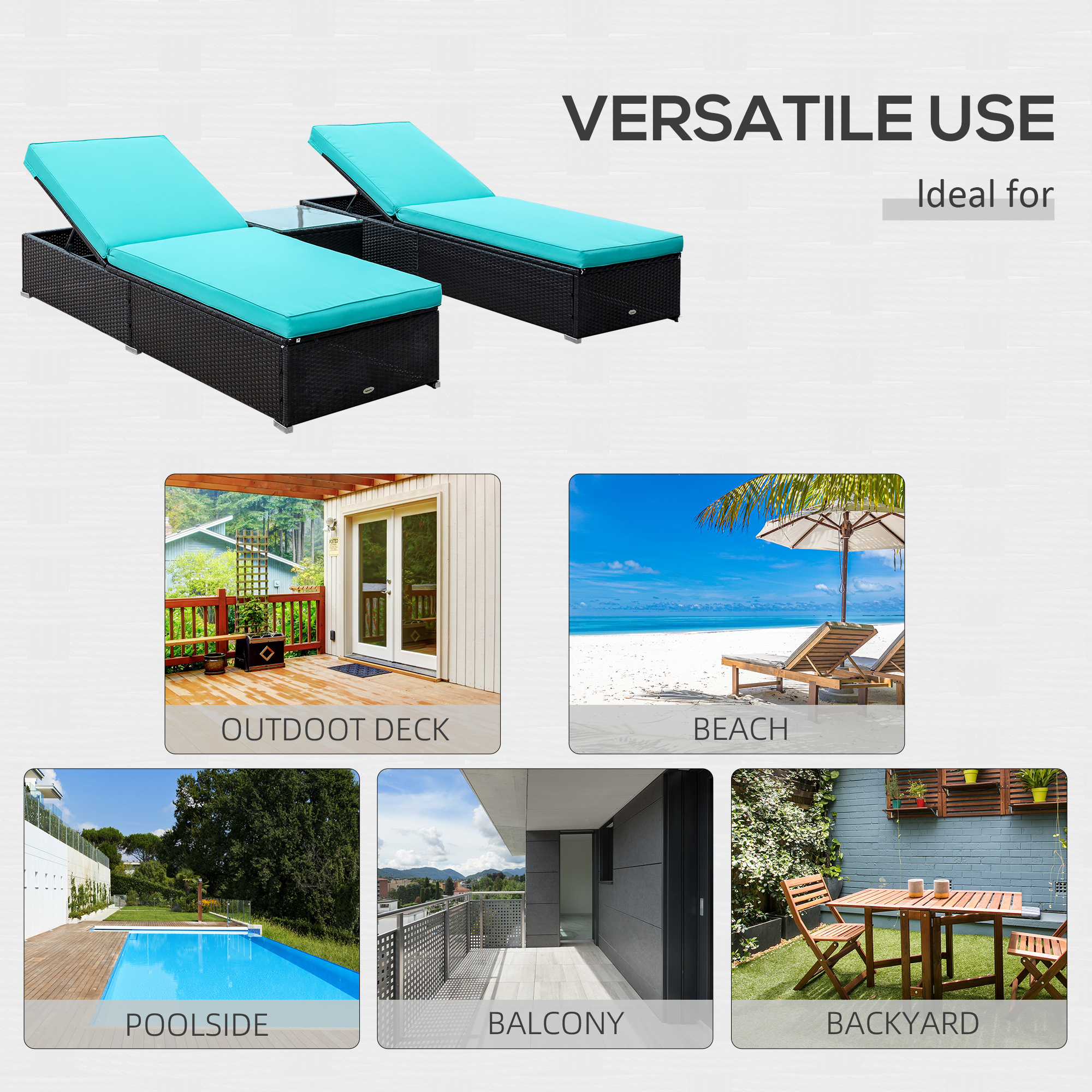 Chaise Lounge Chair Set of 2 with 5 Angle Backrest, Outdoor Coffee Table, Water Repellent Cushions, PE Rattan Wicker Poolside Chairs, 3-Piece Pool Furniture Set, Dark Brown/Turquoise - Image 8