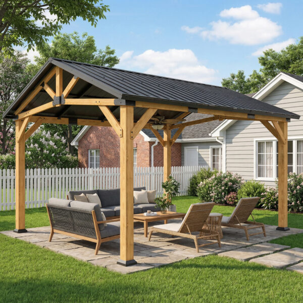 13 x 11 Hardtop Gazebo Canopy with Galvanised Metal Roof, Fir Wood Frame and Central Hook for Patio, Black Gray
