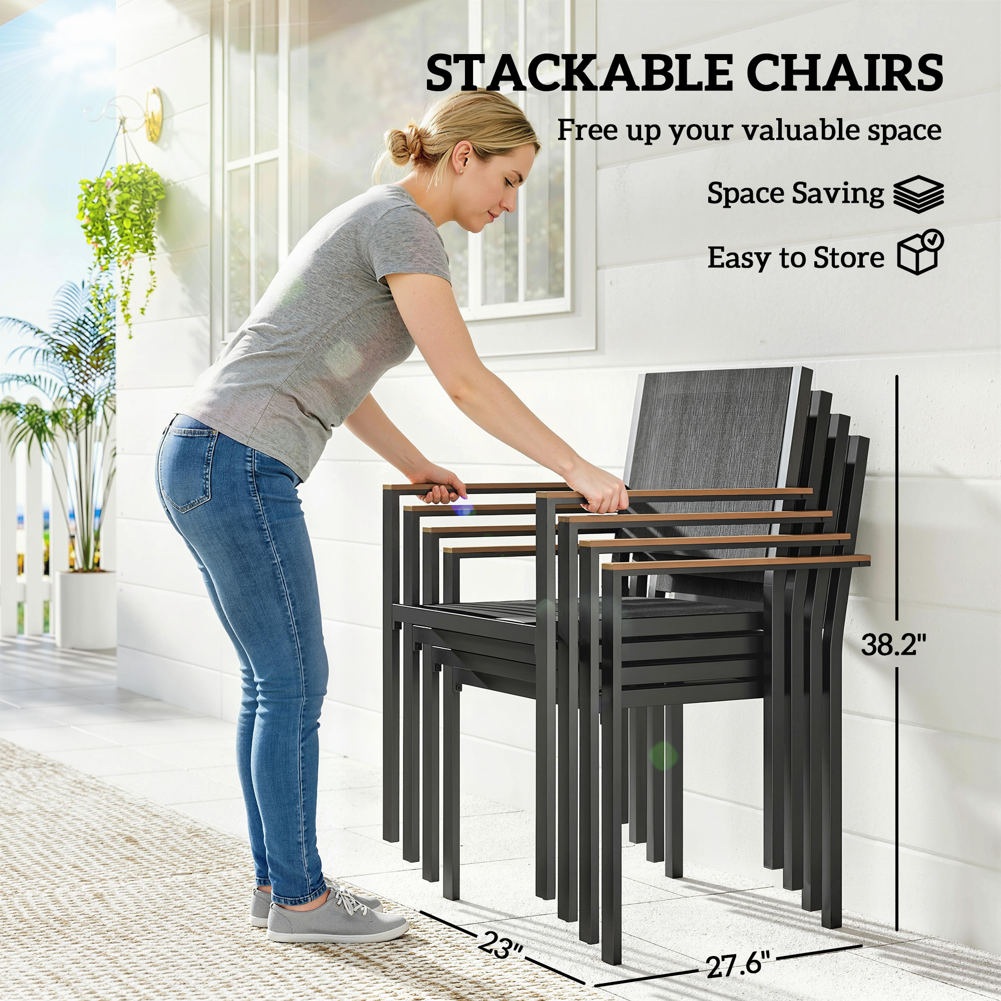Outdoor Dining Set for 4, Patio Table and Chairs Set with 59" Rectangle Acacia Wood Table and 352 LBS Stackable Chairs - Image 2