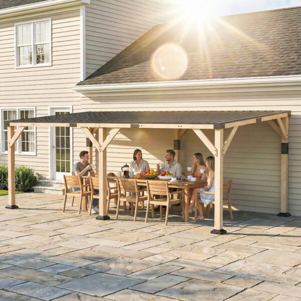 10 x 20 Wooden Gazebo, Hardtop Lean-to Gazebo Pergola with Galvanized Steel Sloped Roof, Light Walnut