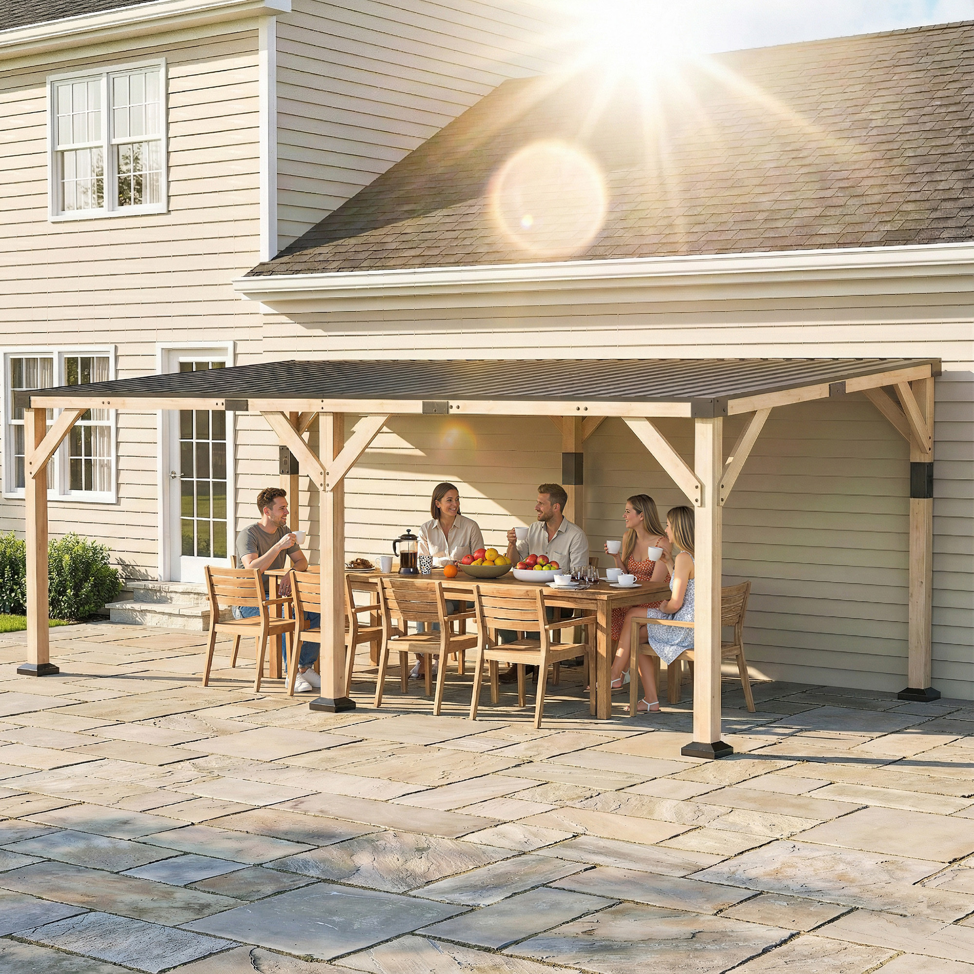 10 x 20 Wooden Gazebo, Hardtop Lean-to Gazebo Pergola with Galvanized Steel Sloped Roof, Light Walnut