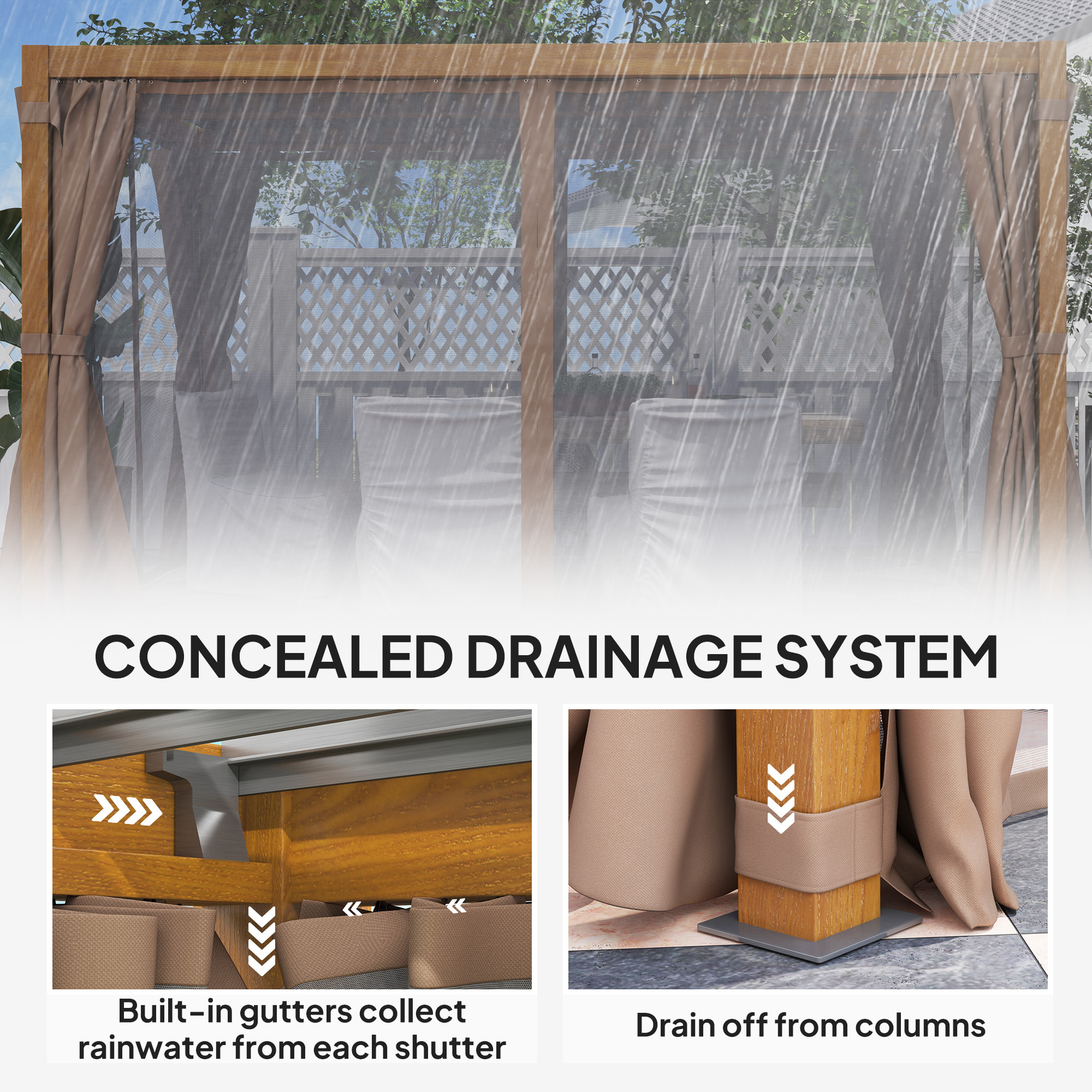10 x 13 Outdoor Retractable Pergola w/ Sun Shade Louvered Top, Pergola w/ Canopy, Curtains, Netting, Natural Wood - Image 4