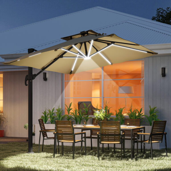 10ft. Solar LED Cantilever Umbrella, Offset Hanging Umbrella with 360°Rotation, Cross Base, 8 Ribs, Tilt and Crank for Yard, Khaki