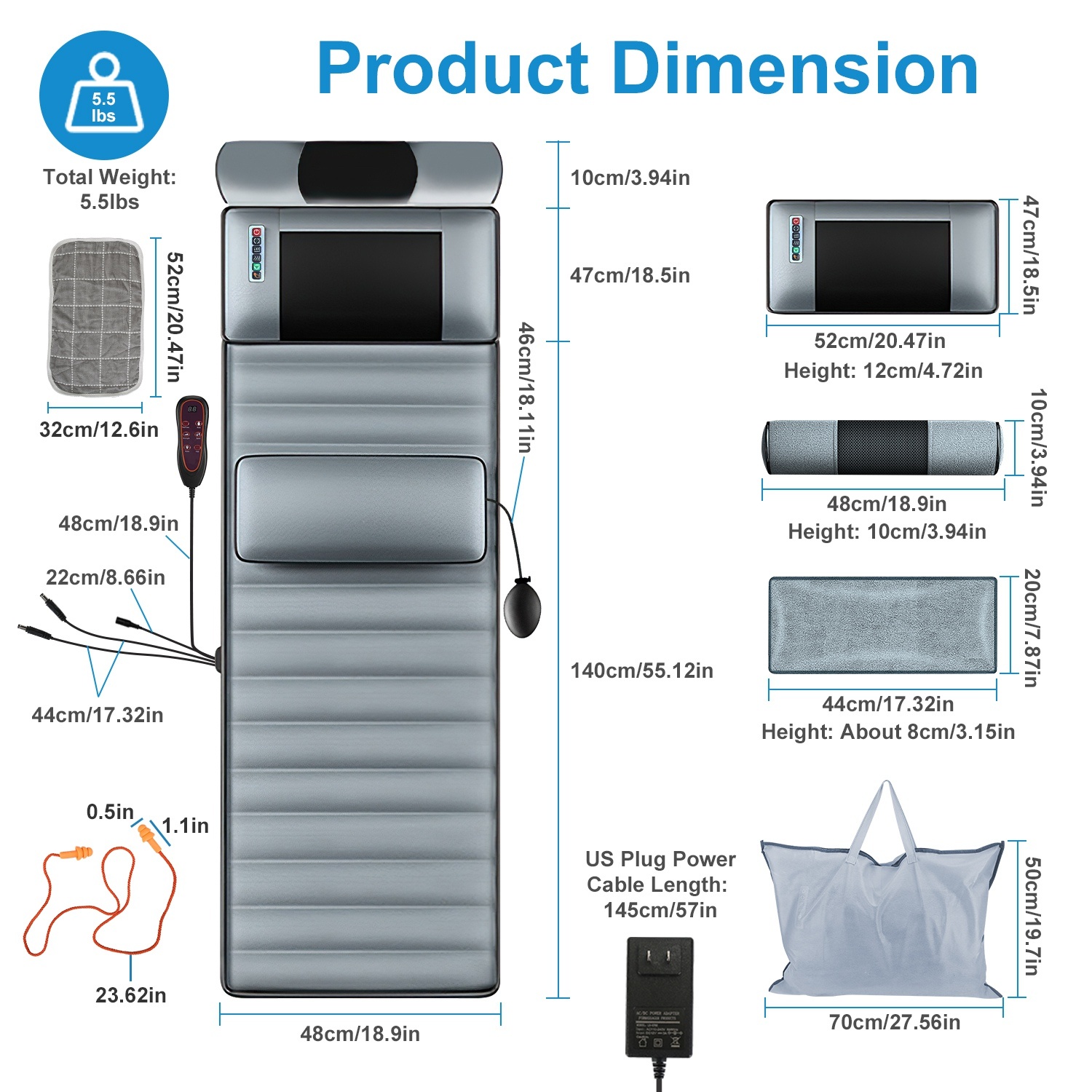Advanced Version Full Body Electric Massage Mat With Heat Vibration Massage Pad Cushion With Neck Massager Lumbar Pillow With 10 Vibration Motors 3 Timers Anti-Slip Bottom Earplugs - Image 4