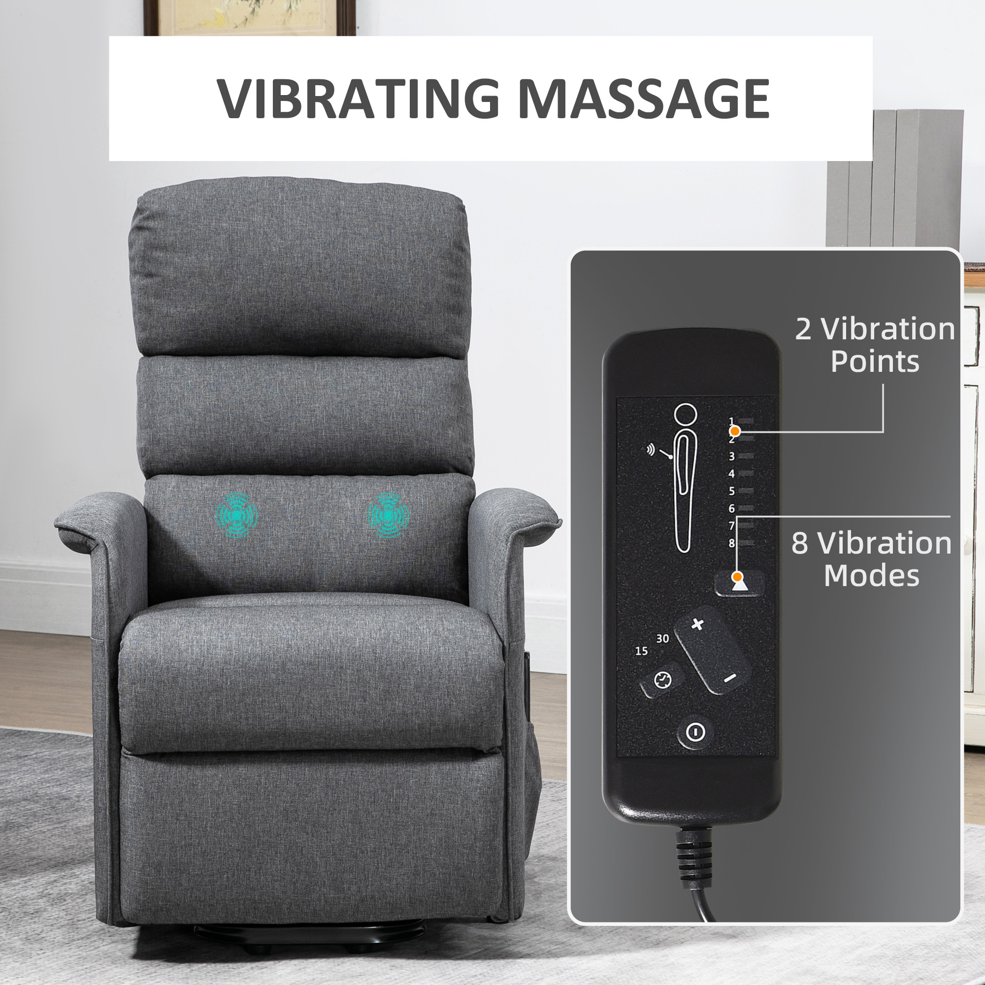 Power Lift Chair with Vibration Massage, Fabric Upholstered Recliner Chair for Elderly with Remote Control, Side Pockets, Grey - Image 5