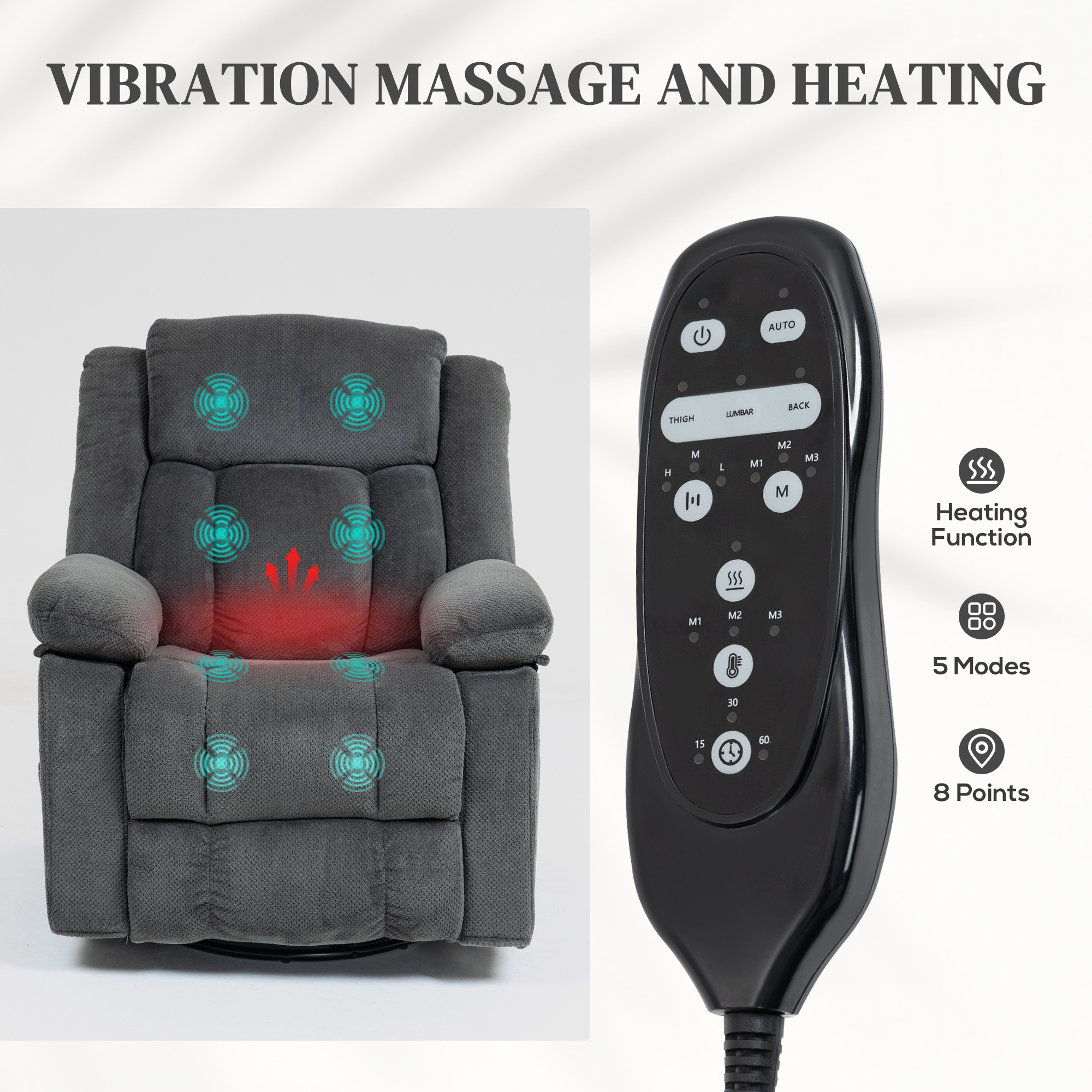 Recliner Massage Armchair with Heat, Oversized Swivel Rocker with Footrest, Remote and Side Pockets, Gray - Image 2