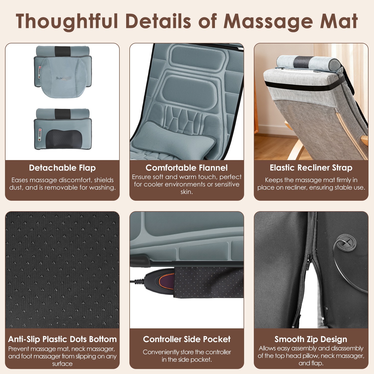 Flannel Full Body Massage Mat Multifunctional Massage Chair Pad With Heat Timer Shiatsu Neck Foot Massager Lumbar Pillow Carry Bag Earplugs Anti-Slip Bottom For Reclining Chair - Image 5