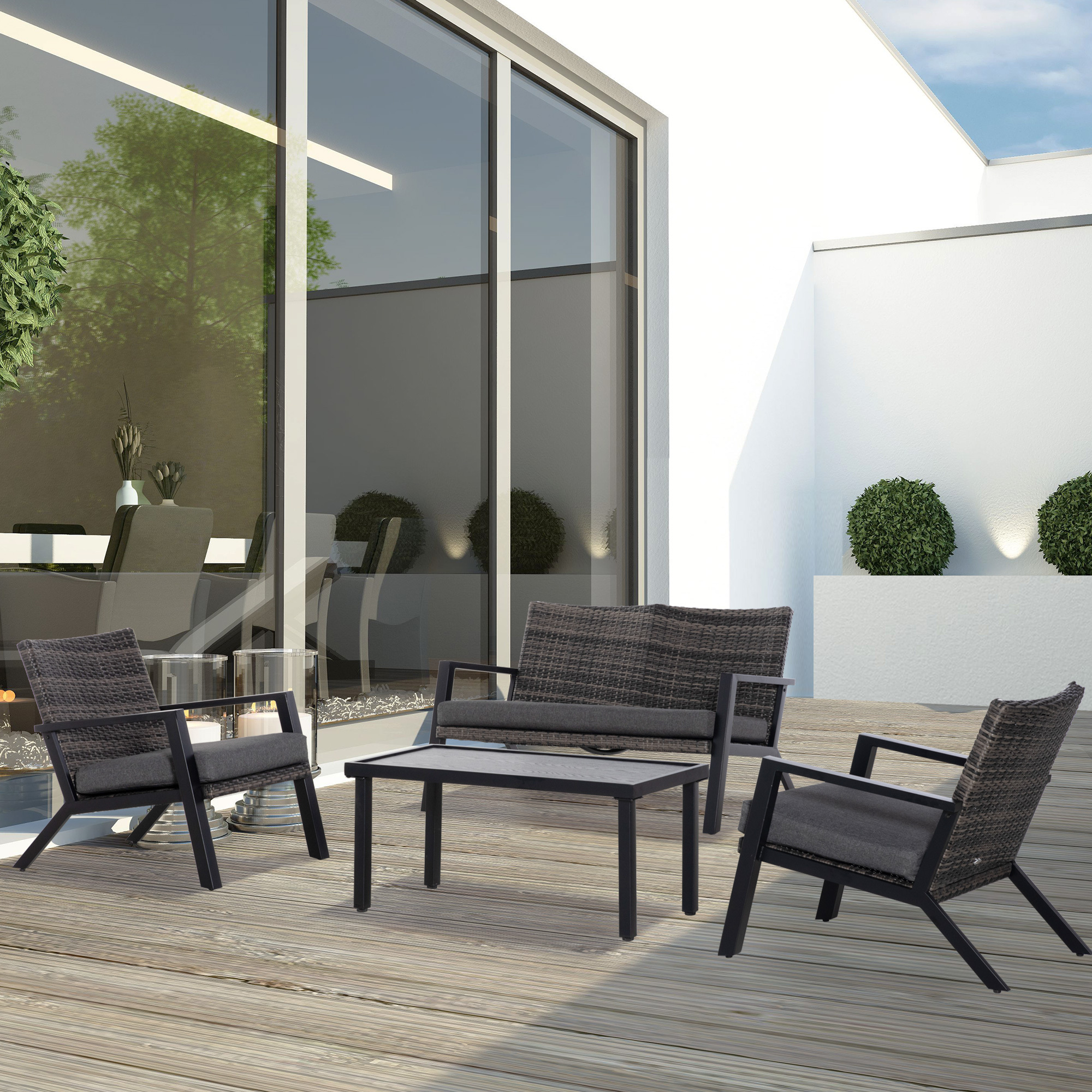 4 Piece Patio Furniture Set, 2 PE Wicker Chairs, Loveseat Sofa, Outdoor Coffee Table, Soft Cushions, Couch & Armchairs for Backyard, Garden, Black - Image 7
