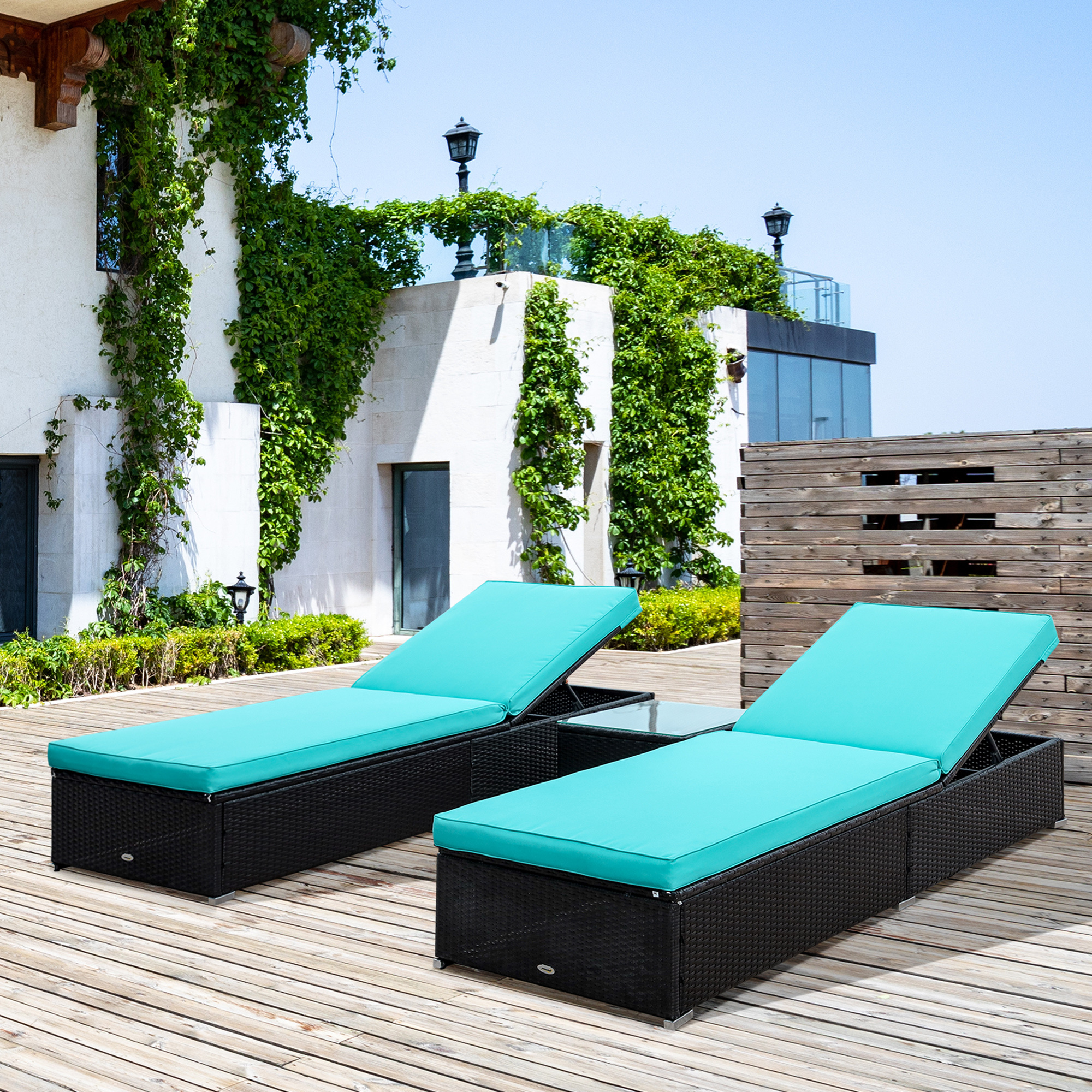 Chaise Lounge Chair Set of 2 with 5 Angle Backrest, Outdoor Coffee Table, Water Repellent Cushions, PE Rattan Wicker Poolside Chairs, 3-Piece Pool Furniture Set, Dark Brown/Turquoise - Image 6