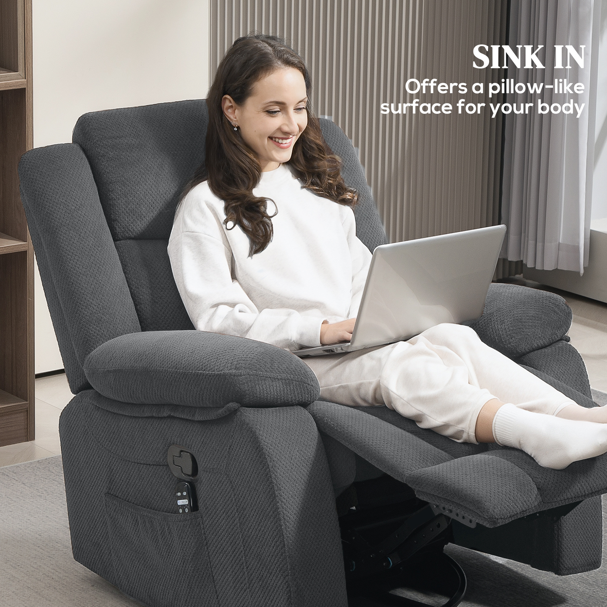 Recliner Massage Armchair with Heat, Oversized Swivel Rocker with Footrest, Remote and Side Pockets, Gray - Image 7