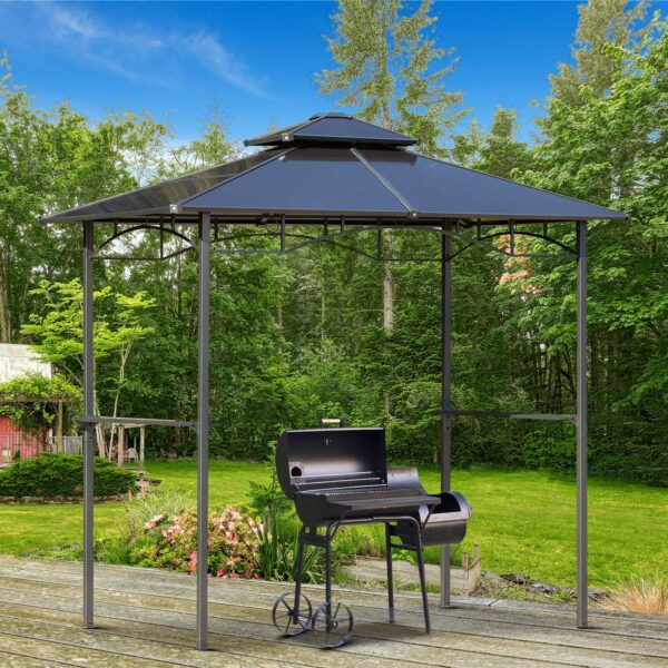 8 x 5 Barbecue Grill Gazebo Tent, Outdoor BBQ Canopy with Side Shelves, and Double Layer PC Roof, Brown