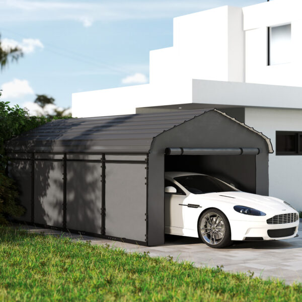 12 x 20 Metal Carport, Heavy Duty Garage Car Canopy with Galvanized Metal Roof and Removable Sidewalls, Dark Gray