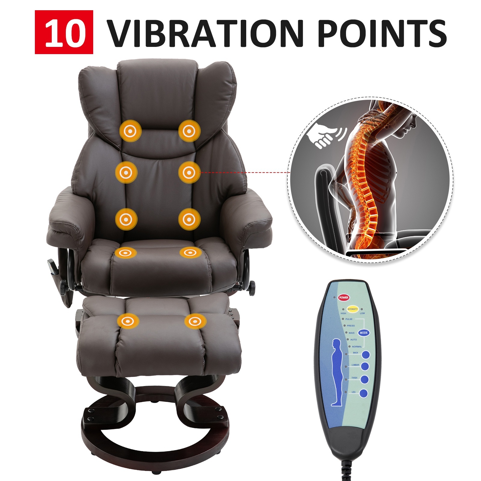 Massage Sofa Recliner Chair w/ Footrest, 10 Vibration Point, Faux PU Leather, Brown - Image 2