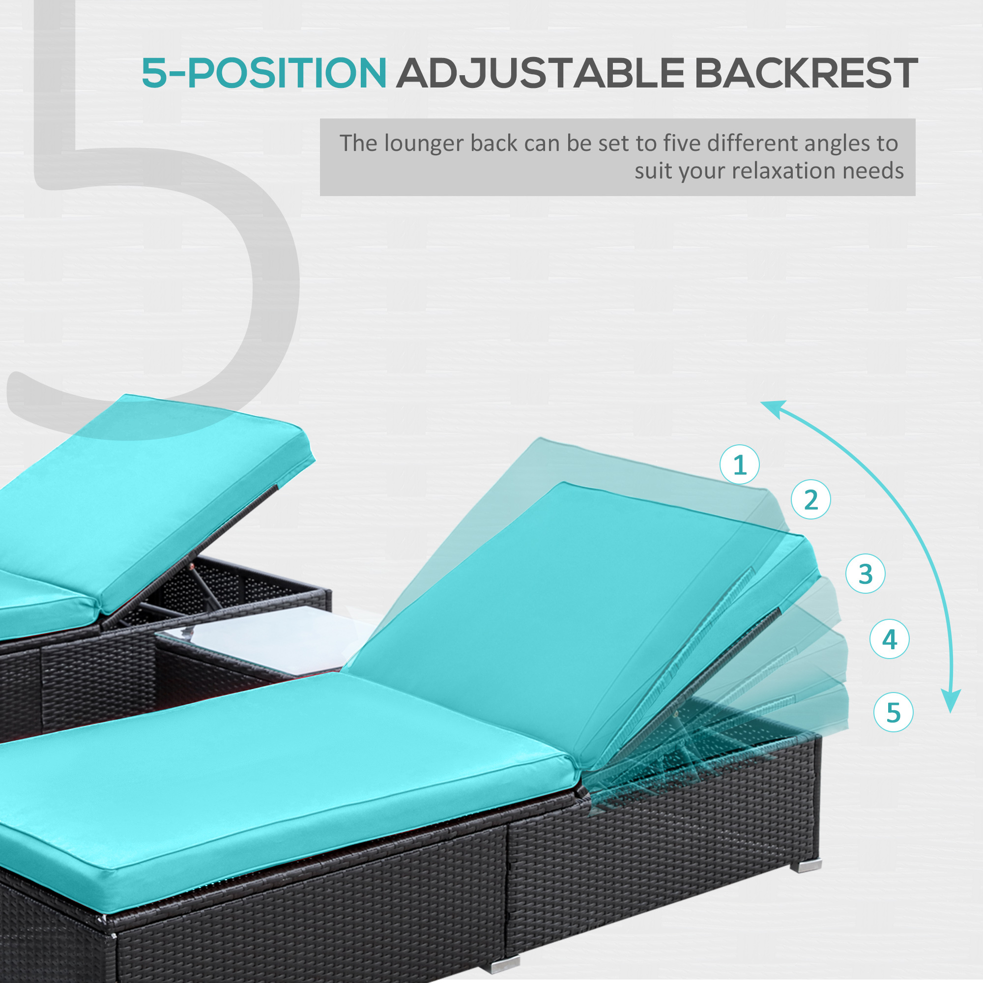 Chaise Lounge Chair Set of 2 with 5 Angle Backrest, Outdoor Coffee Table, Water Repellent Cushions, PE Rattan Wicker Poolside Chairs, 3-Piece Pool Furniture Set, Dark Brown/Turquoise - Image 2