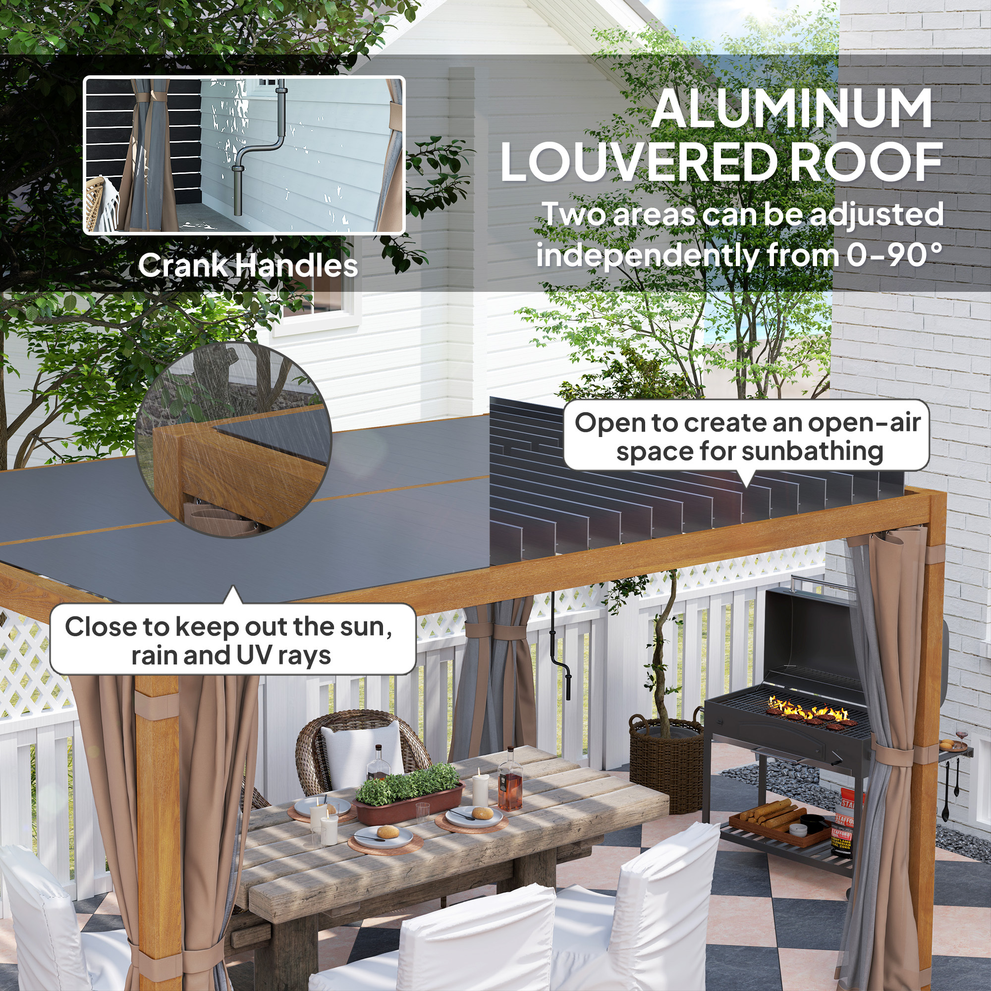 10 x 13 Outdoor Retractable Pergola w/ Sun Shade Louvered Top, Pergola w/ Canopy, Curtains, Netting, Natural Wood - Image 6